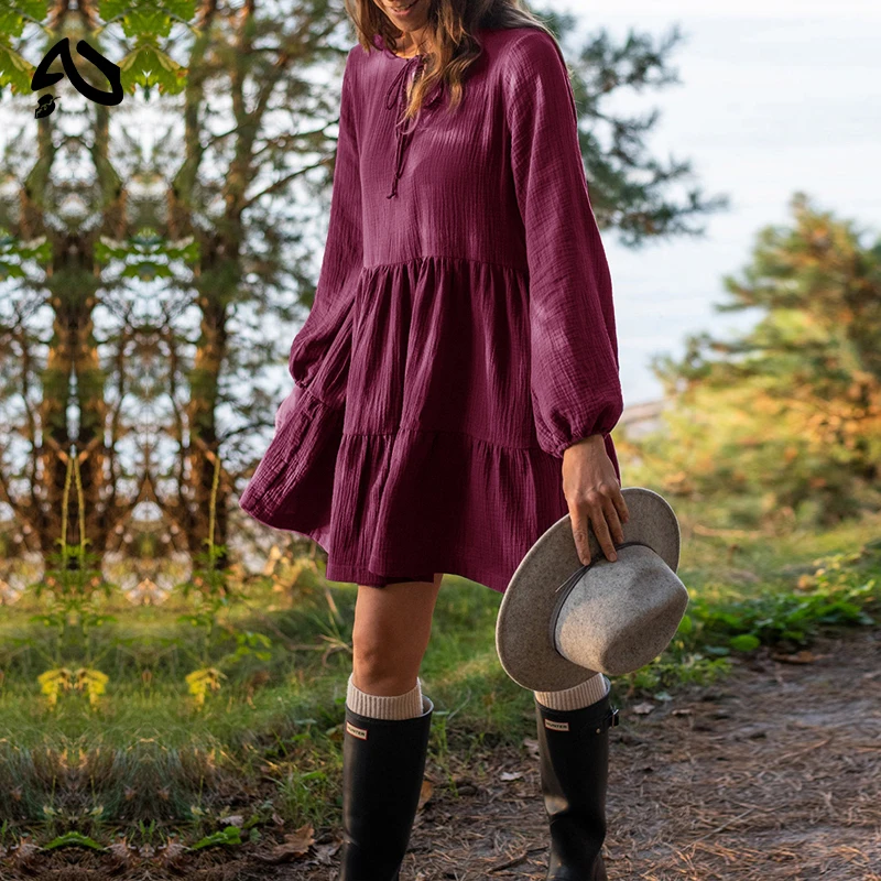 Original Muslin 100% Cotton Dress Retro Loose Lace-up Ruffles Long Sleeve Green Dresses Women Robe Elegant Party Dresses