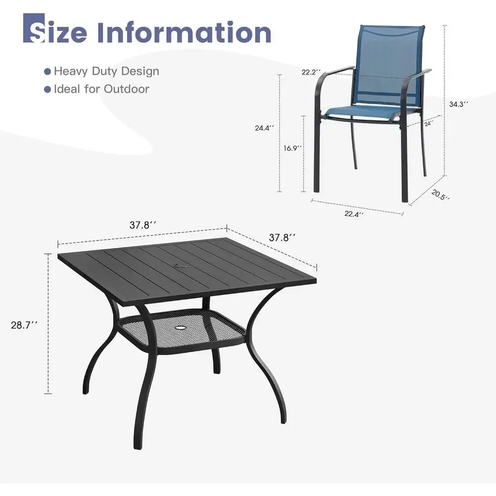 5-Piece Patio Dining Set with Blue Stackable Chairs and Black Metal Square Table with Storage