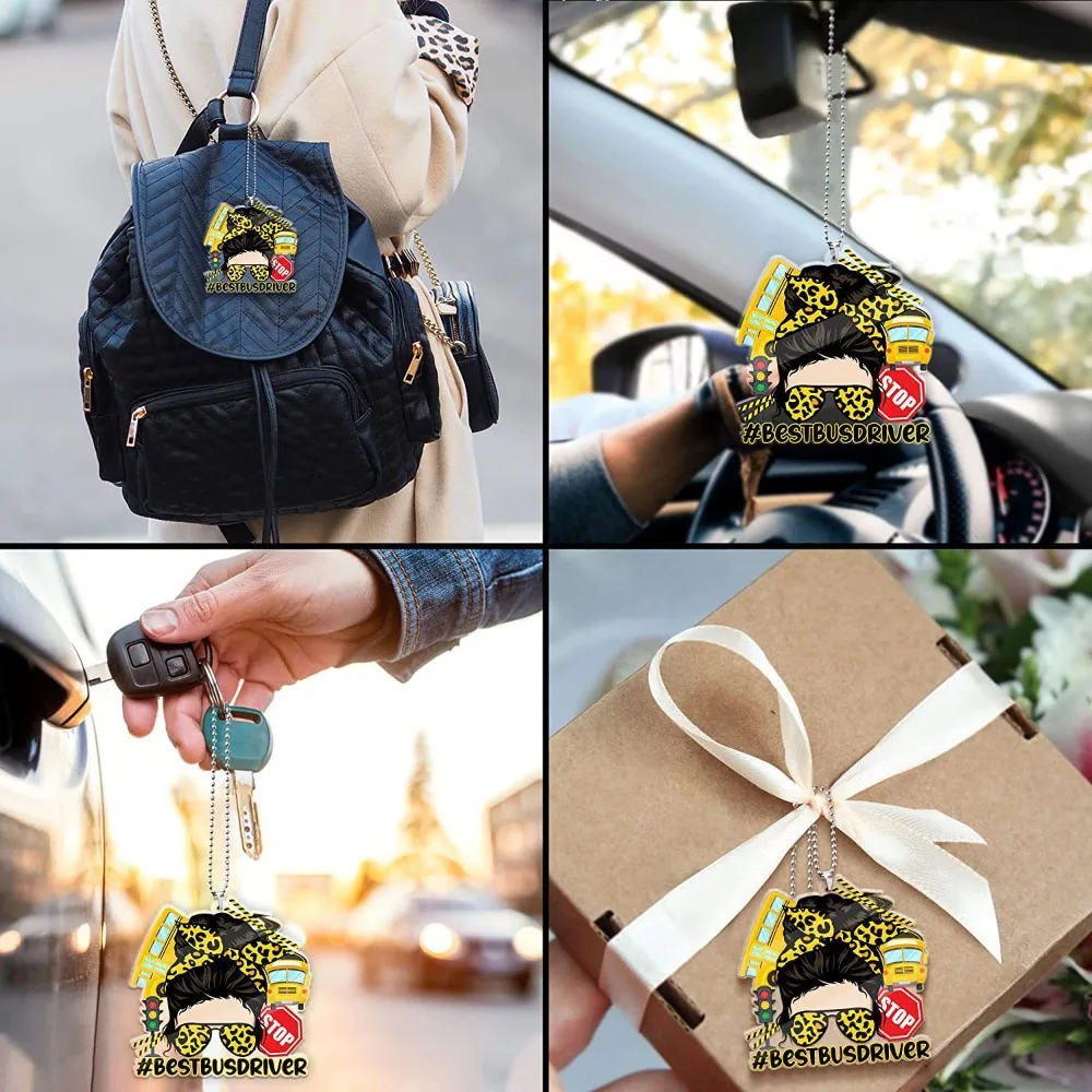2D Flat Acrylic School Bus Driver Car Rearview Mirror Pendant Keychain Backpack Hanging Ornament Bus Driver Thank You Gift