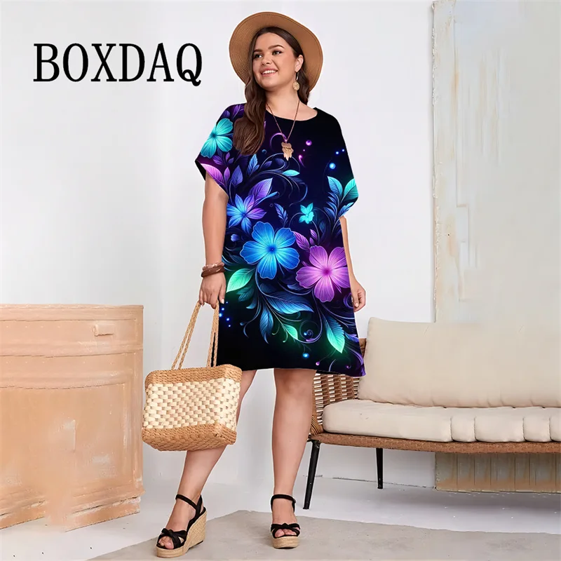 

Big Size 3XL Women Dress Fashion Elegant Flower Print Short Sleeve Loose Mini Dress Summer New Casual Street Femme Dress Clothes