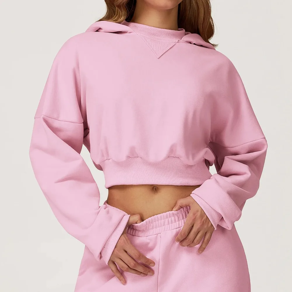 

Autumn Winter Women Sports Hoodies Solid High Waist Yoga Sweatshirts Gym Casual Loose Workout Fitness Hoodies Running Crop Tops