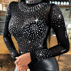 Women Bodysuit Romper Top Long Sleeve Sexy O Neck Rheinstone Summer Spring Sexy Bodysuits
