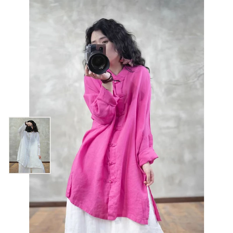 

Свободный крой льняной утюг Long Sve на пуговицах, повседневная солнцезащитная верхняя одежда средней длины, однотонная женская мода больших размеров