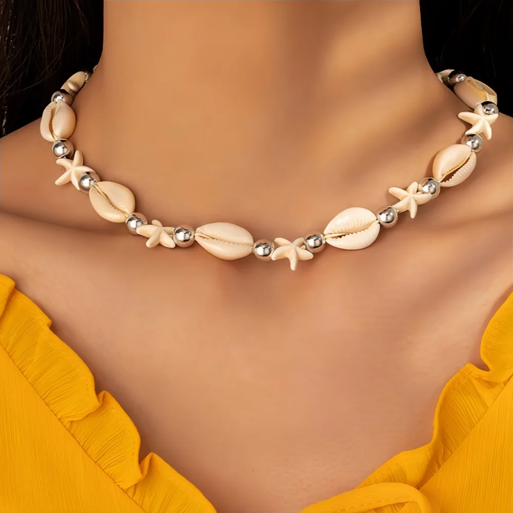 Bohemia Beach Vacation Style  Starfish Shell Beaded Single Layer Necklace for Women Simple Fashion Clavicle Chain Party Jewelry