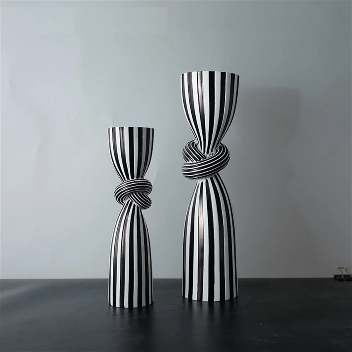 Black & White Striped Twist Candlestick Resin Ornament Dining Table Decoration Irregular Candle Container Holder Stand-A