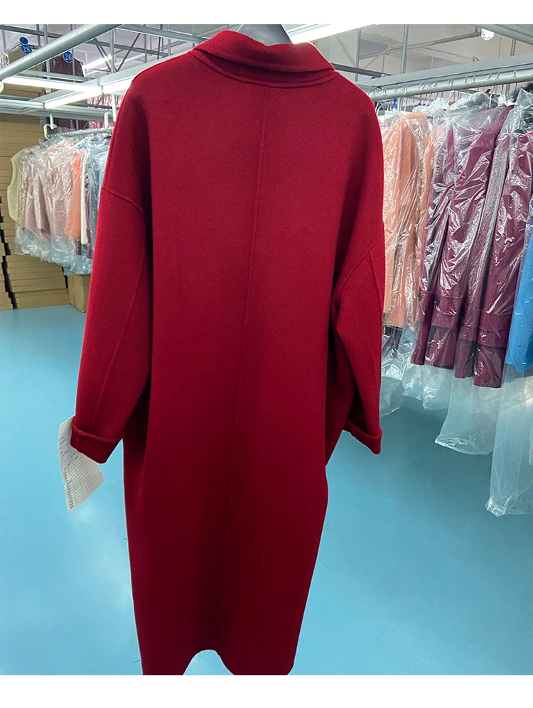 New High-end Red Loose Double-breasted Wool Coat Women Mid-length Fashion Warm Double-sided Wool Coat Lapel Long Jacket Winter