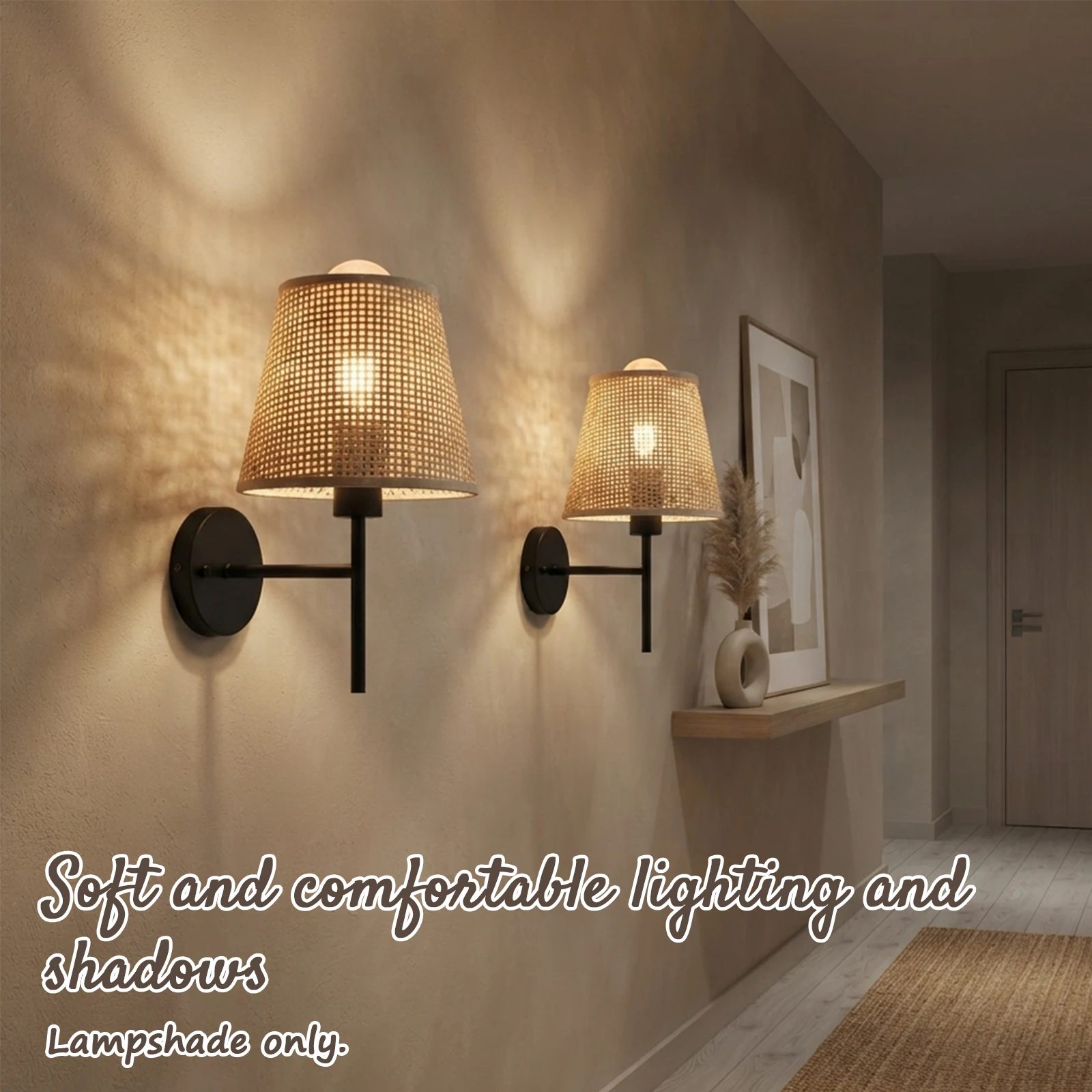 Boho Woven Rattan Lamp Shade, Checkered Conical in Beige Brown for Table Wall Bedroom