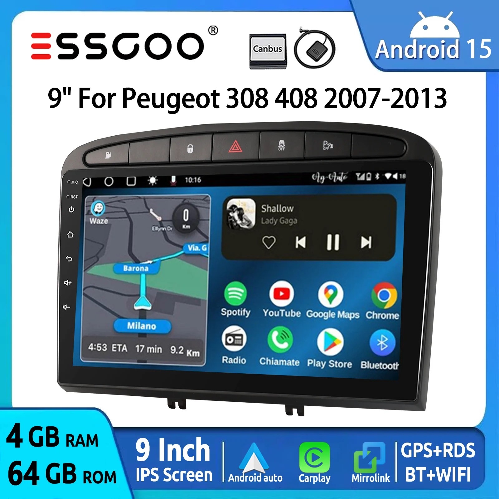 Autoradio ESSGOO Android 15 9 Zoll 32G/64G für Peugeot 408 308 2010-2013 Drahtloses CarPlay Android Auto GPS Navigation FM Bluetooth WiFi RDS Lenkradsteuerung Mirror Link IPS Touchscreen Multimedia