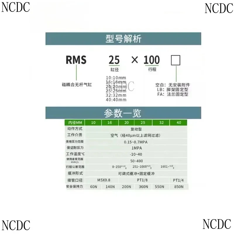 Magnetic Coupling Rodless Cylinder RMS25/32/40X50X100X150X200X250X300