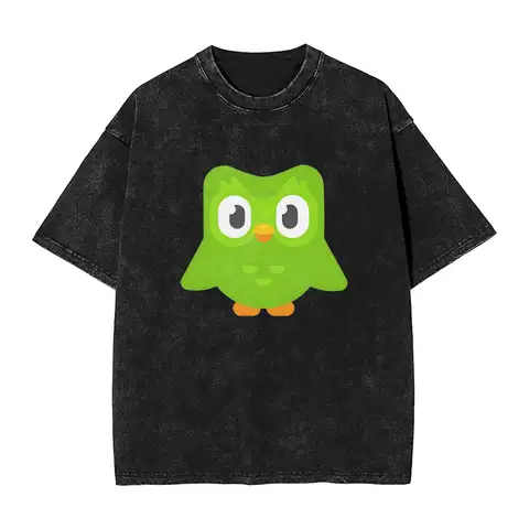 하라주쿠 워시 티셔츠 Duolingo Owl Duo 코튼 티셔츠 Trending Tshirt for Men Beach Y2K 클래식 프린트 티셔츠