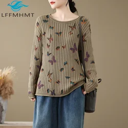 Butterfuly Print Sweater for Women Spring Autumn Fashion O-neck Long Sleeve Loose Casual Knitwear Female Comfortable Basic Tops