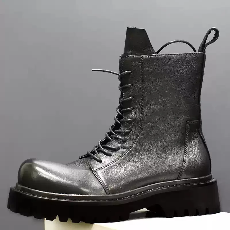 ใหม่ผู้ชายรถจักรยานยนต์รองเท้าแฟชั่น Lace Up ของแท้หนัง 5 ซม.หนาเพิ่มความสูงภายในซิปเชลซีรองเท้าข้อเท้า