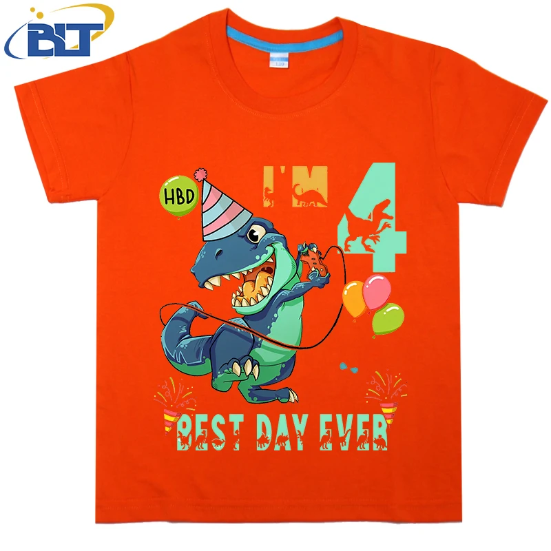 

4th birthday dinosaur game player boy printed kids T-shirt summer cotton short sleeve casual tops suitable for boys and girls