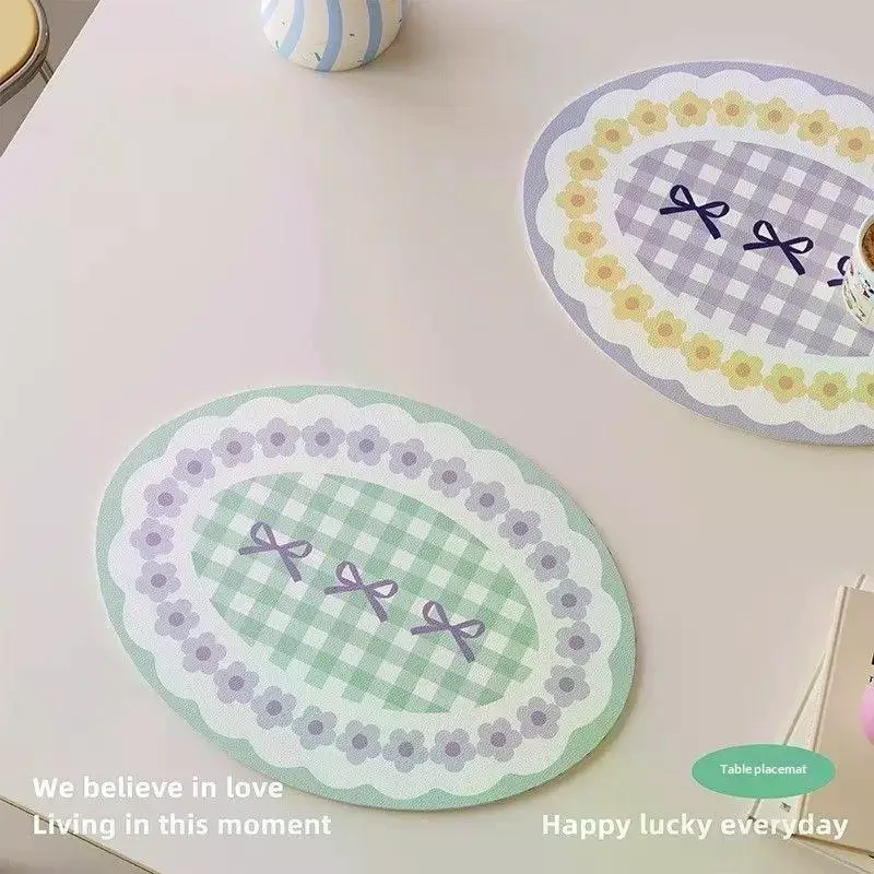 1Pcs INS Oil-Proof Waterproof PU Leather Dining Room Table Mats Cute Oval Heat Resistant Placemat Kitchen Tableware Bistro Bar