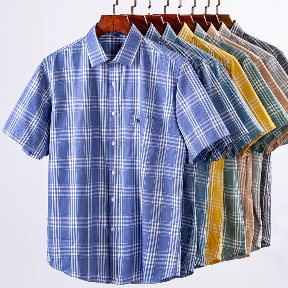 Men's Summer Short Sleeve Shirt with Embroidered Chest Pocket, Lightweight Breathable 100% Cotton Plaid Button Down Shirts