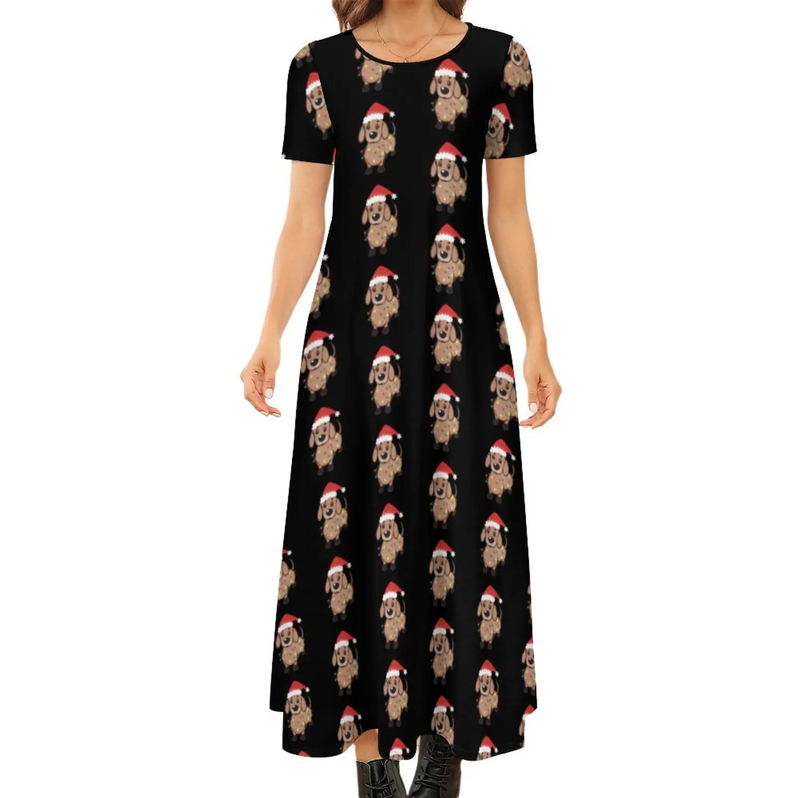 

Dachshund Santa Dress Dog Lovers Beach Maxi Dress Female Short Sleeve Korean Fashion Bohemia Long Dresses 5XL 6XL 7XL