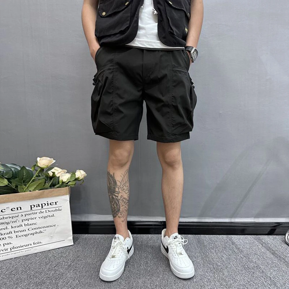 Mens Casual Workwear Big Pocket Shorts Genderless 2024 New Fashion Personality Versatile Solid Color Couple Quarter Pants Unisex