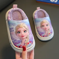 Disney Princess Elsa Children's Autumn Winter Cotton Slippers Girls PU Leather Waterproof Home Indoor Warm Non-Slip Cotton Shoes