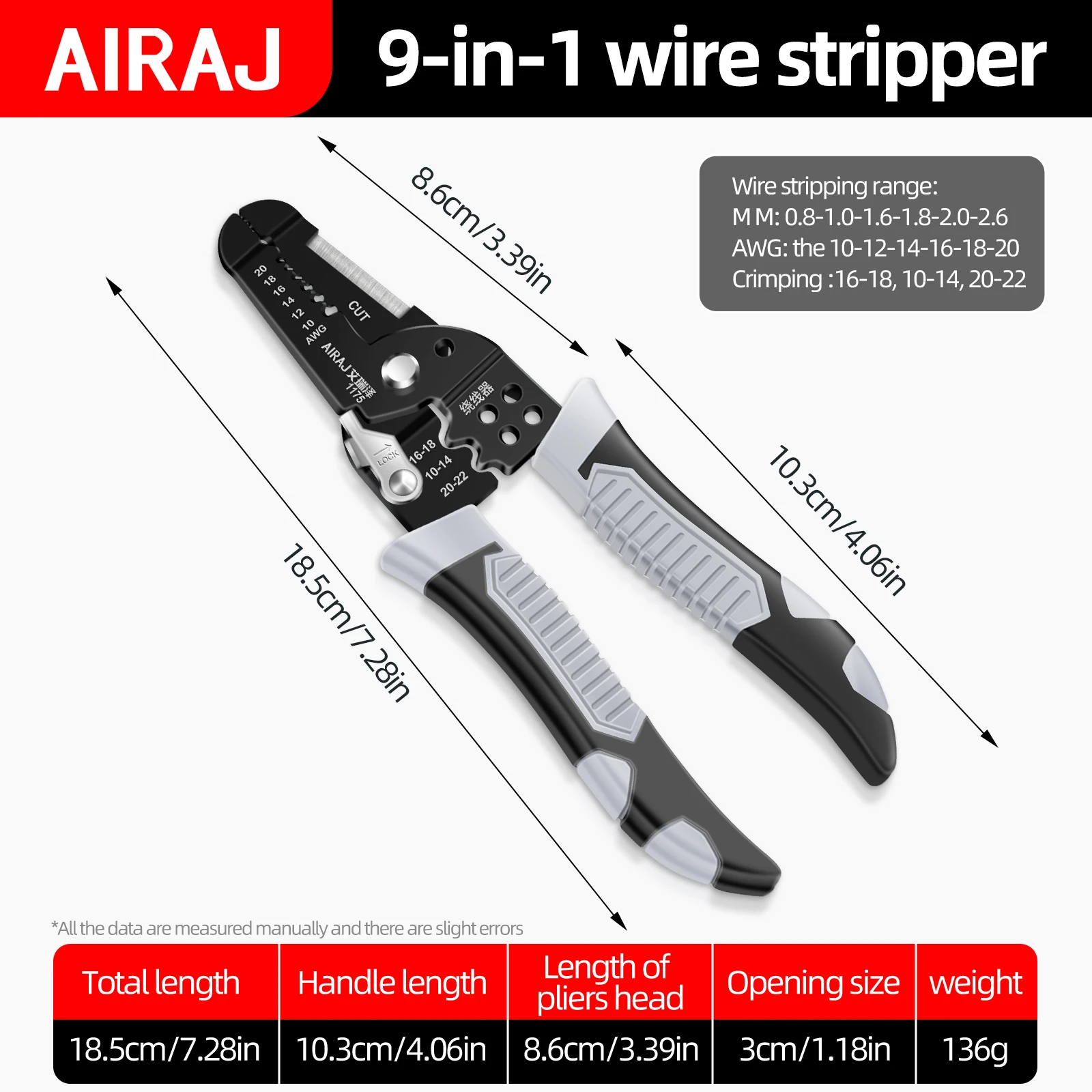 AIRAJ 7 inch Wire Stripper Decrustation Pliers Crimper Cable Stripper Cutter Multifunctional Wire Repair Tool Hardware Tools