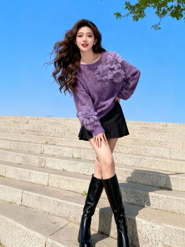 

Теплый фиолетовый свитер Lu Thi с длинными рукавами в корейском стиле, повседневный свободный крой, женский топ для создания молодежного образа