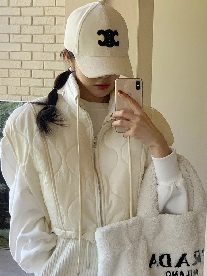 

Faionable Cotton Vest Jaet Women's Loose Stand Collar Zipper Dstring Design Sensation Outerwear Autumn Sle