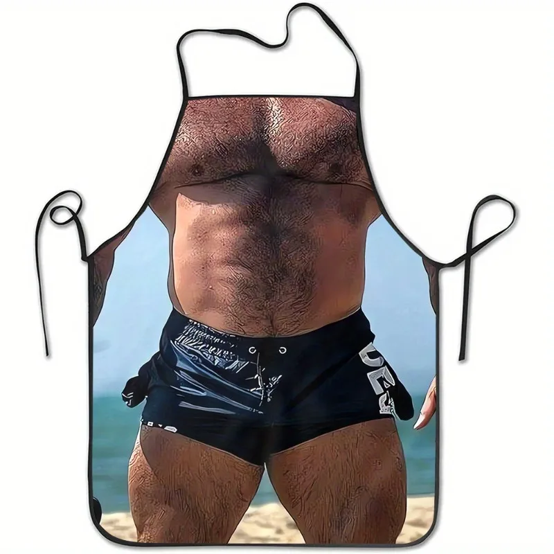 Hairy Chest Muscle Man Shorts Illusion Apron Waterproof Polyester Kitchen Cooking Baking BBQ Grill Party Gag Gift Home Decor