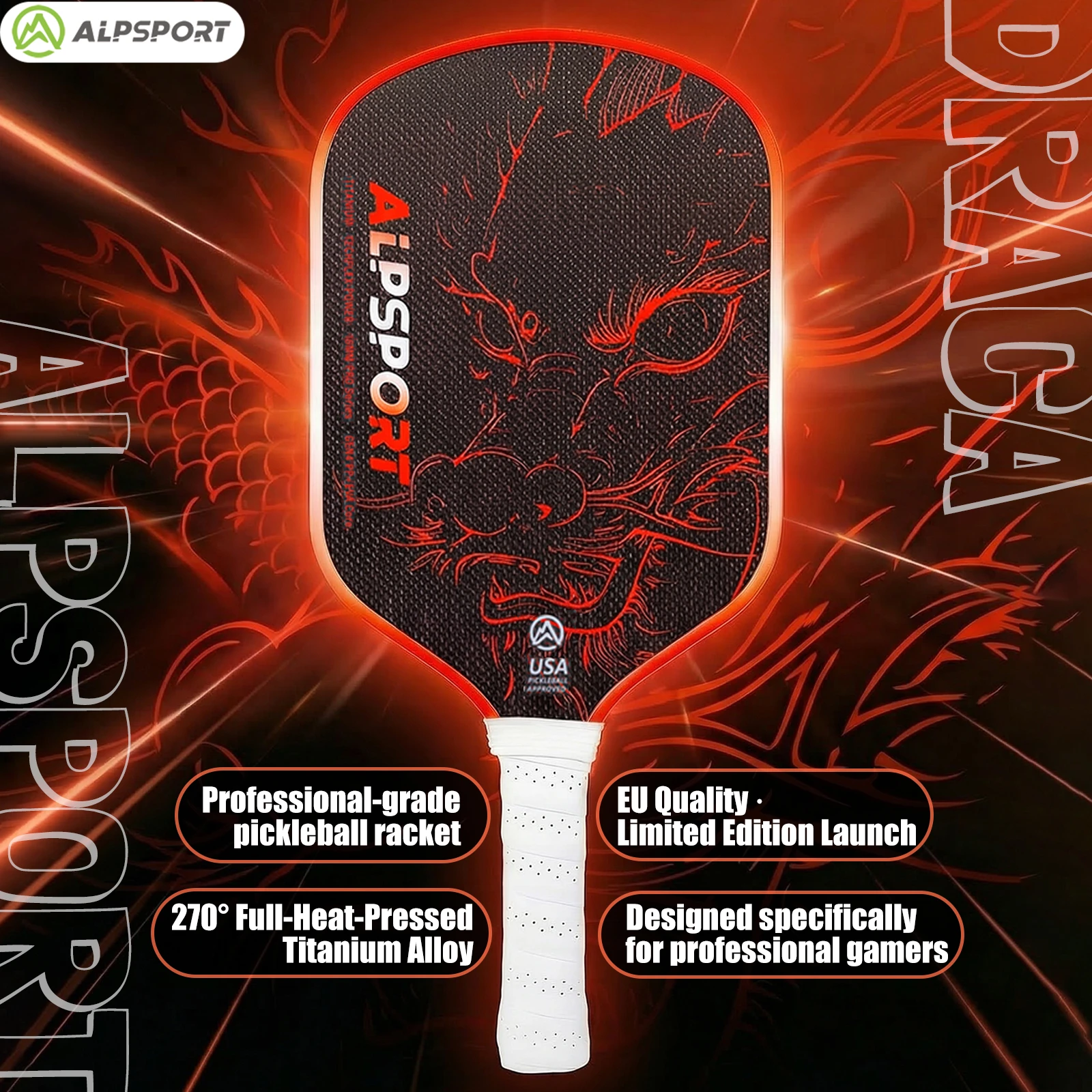 

Ракетка для пиклбола ALPSPORT Draca с сердцевиной Gen4 16 мм, термоформованным титановым сплавом и углеродным волокном T800 для повышения вращения и мощности