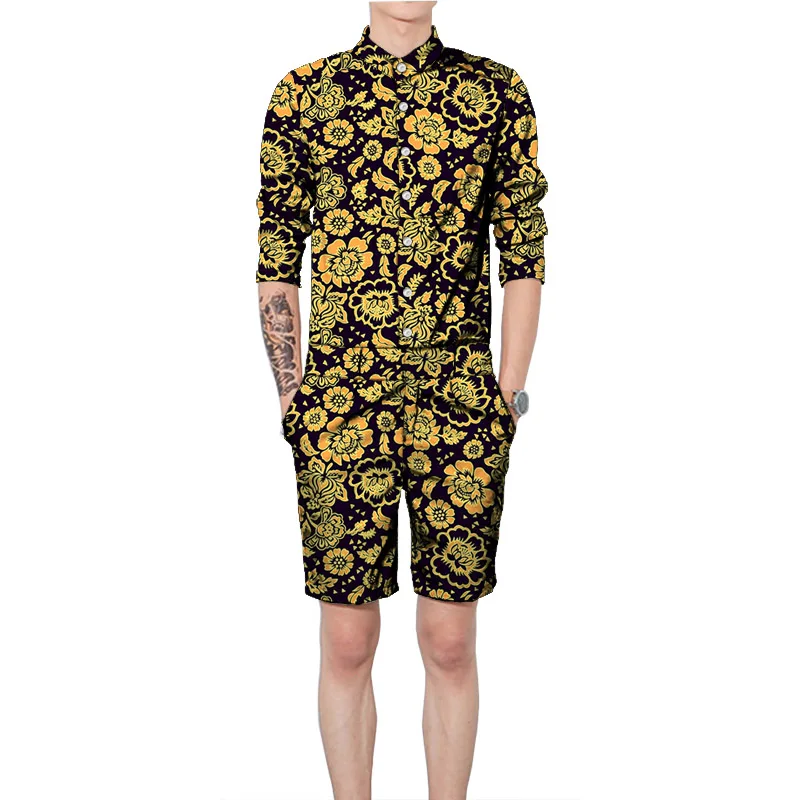 

Nigerian Print Full Sleeve Shirts With Shorts Men's Customized Set African Trends Slim Fit Party Outfits