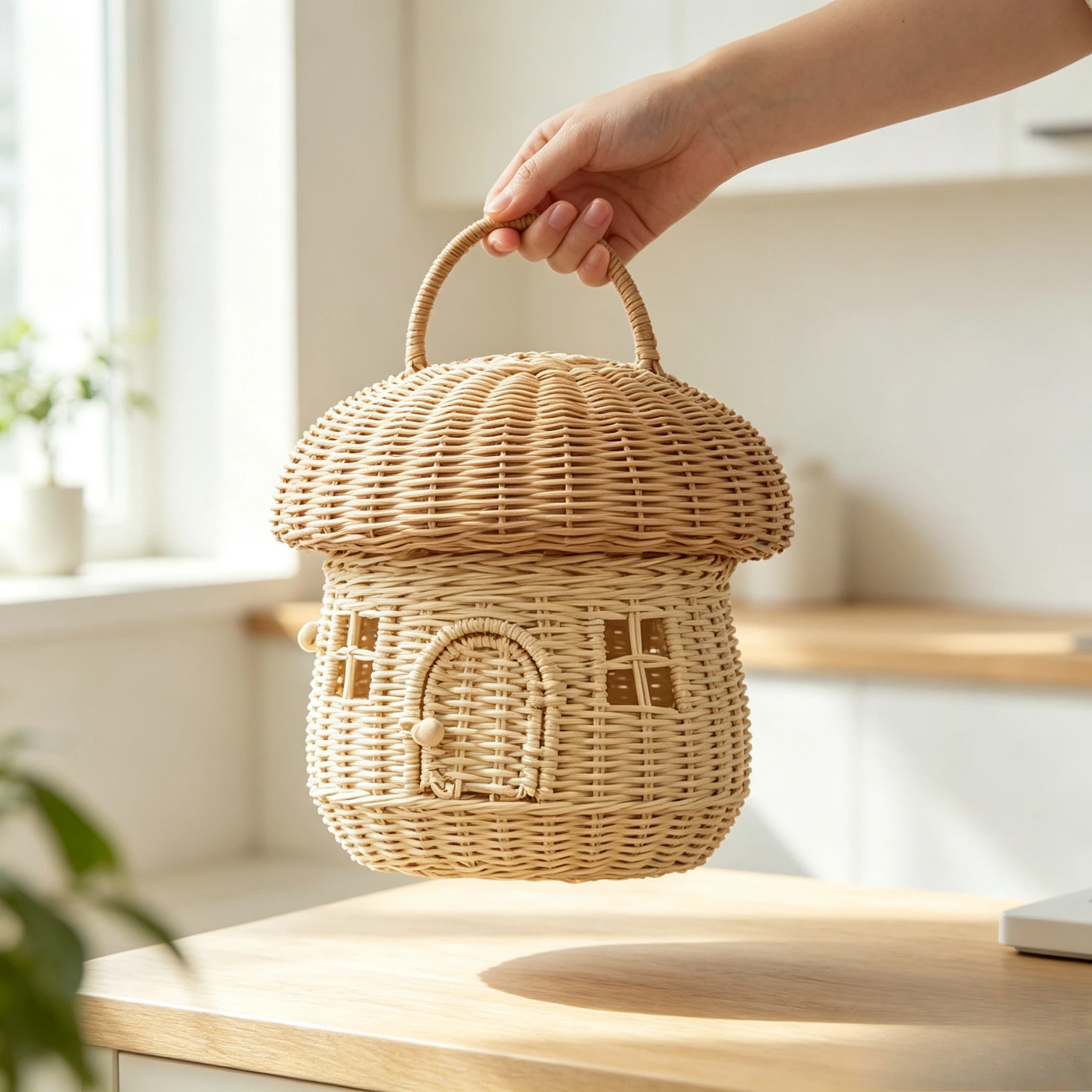 Basket Bag Wicker - Handgefertigter Rattan-Pilzkorb, Strohgewebte Aufbewahrungsbox, Tragbarer Picknickkorb