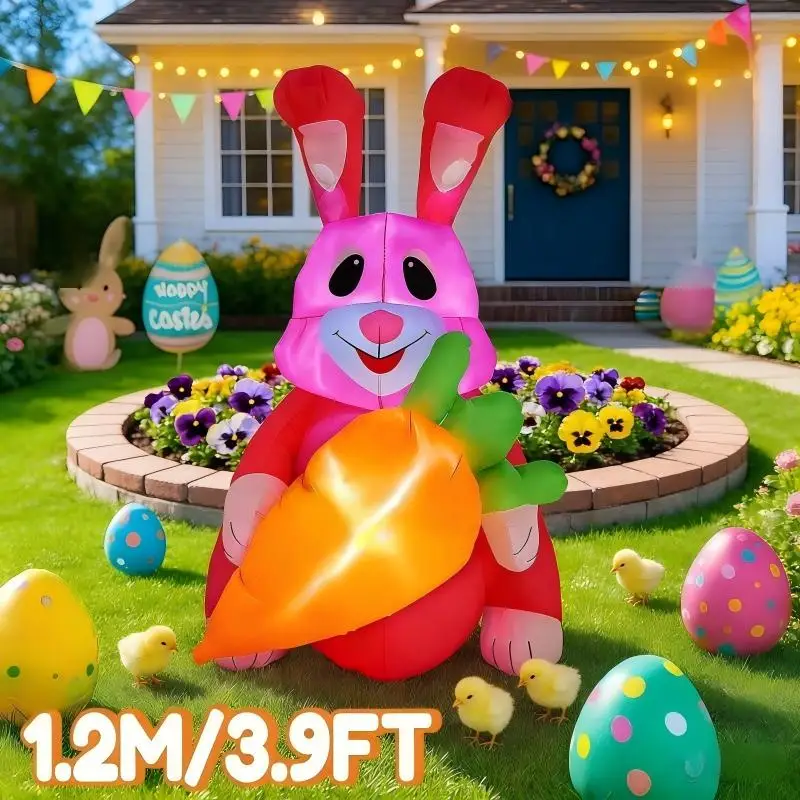 Easter Festival LED Light Ornament Inflatable Toy 1.2M/3.9FT Red Rabbit with Holding Carrot DIY Decor Yard Holiday Decor
