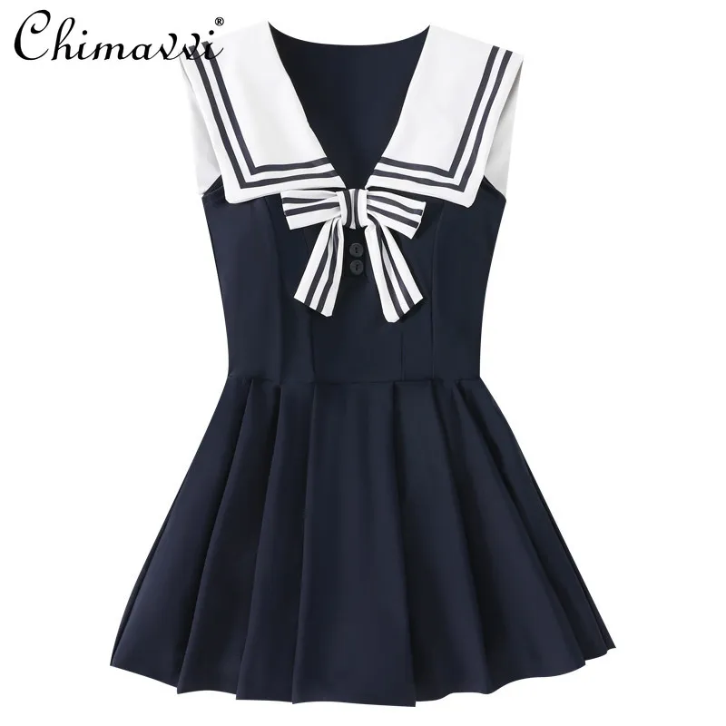 Sweet Preppy Navy Collar One-piece Swimsuit for Women New 2026 Summer Style Cute Bowknot Waist Deep Blue Casual Swimwear