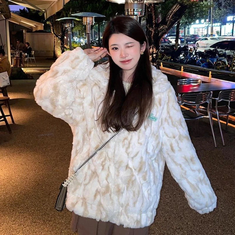 

Women's Imitation Rex Rabbit Fur Coat, Leather, Thicken, Warm Lamb Wool Outwear, Sense Niche Design, Winter Fashion