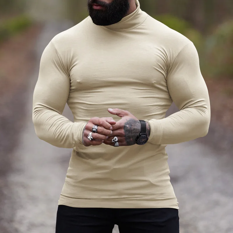 Pop New 2024 Men T Shirt Solid Color Velour Turtleneck Long Sleeve Casual Undershirt Men Cozy Streetwear Leisure Camisetas