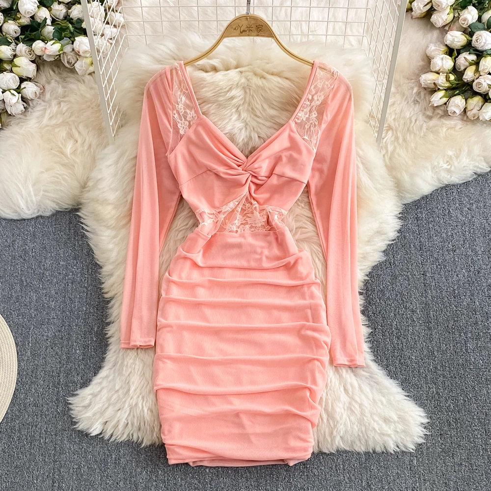 Foamlina Hot Pink/Rose Red One Shoulder Dress Pleated/Textured Fabric Cut-out Waist Long Sleeve Maxi Robe