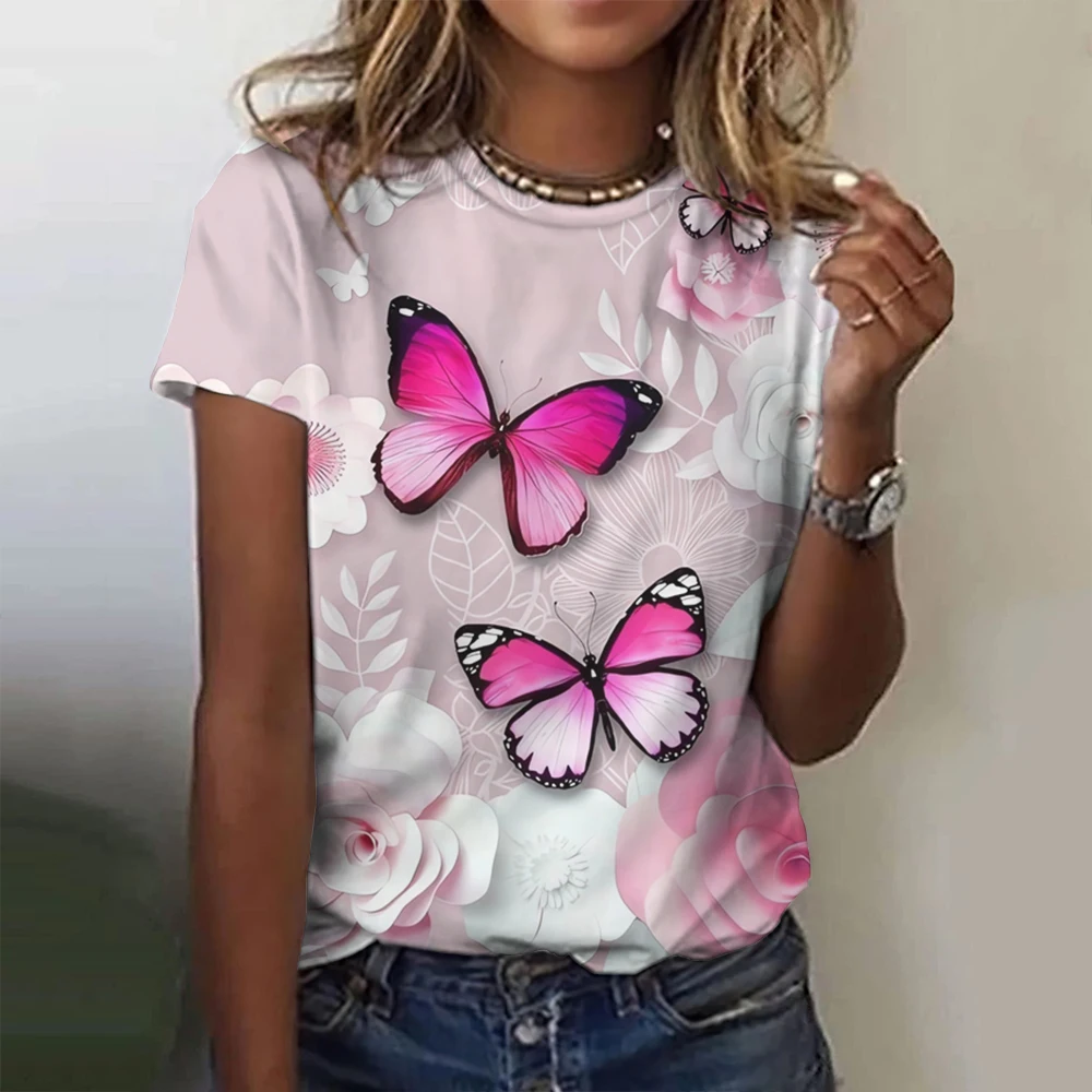 2024 Fashion Woman T Shirt 3d Butterfly Print Crew Neck Short Sleeve Tee Luxury Female T-Shirts Oversized Y2k Clothing For Girls