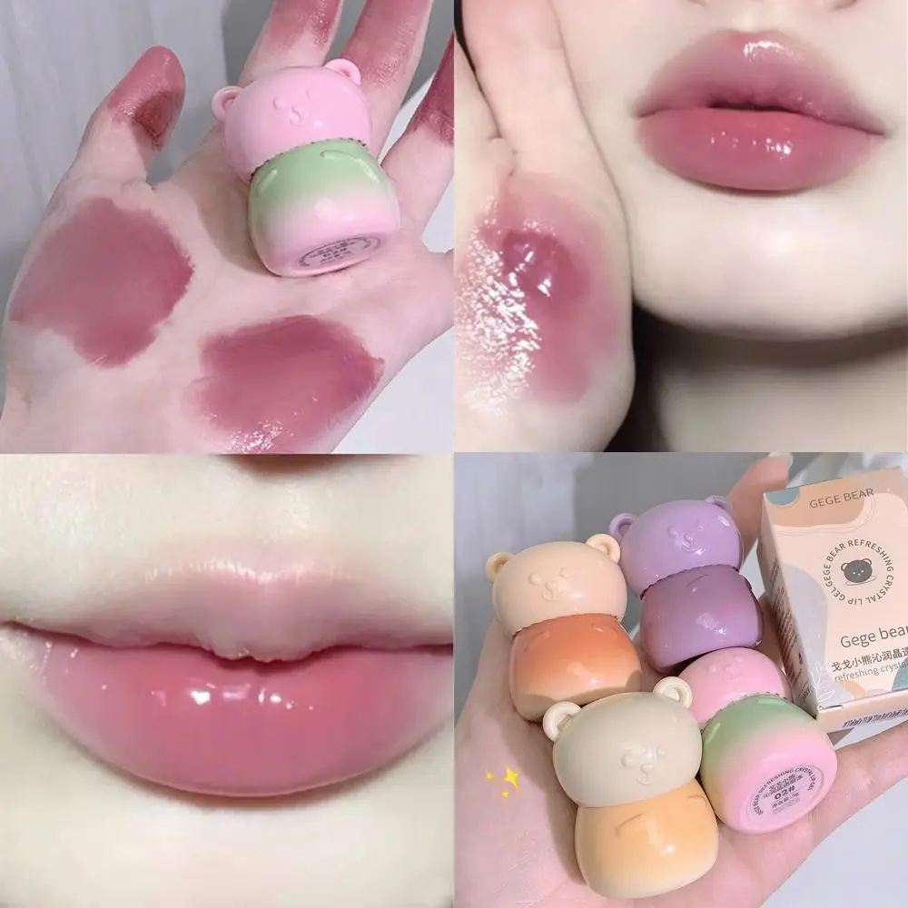 Esmalte de labios de oso rechoncho impermeable, 4 colores, hidratante, enlatado, brillo de labios de espejo, lindo lápiz labial de luz de agua rosa púrpura