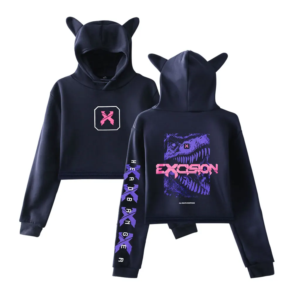 Excision REX Merch Hoodie Womens Girls Cat Ear Sweatshirts Hip Hop Short Hooded Pullover Crop Top