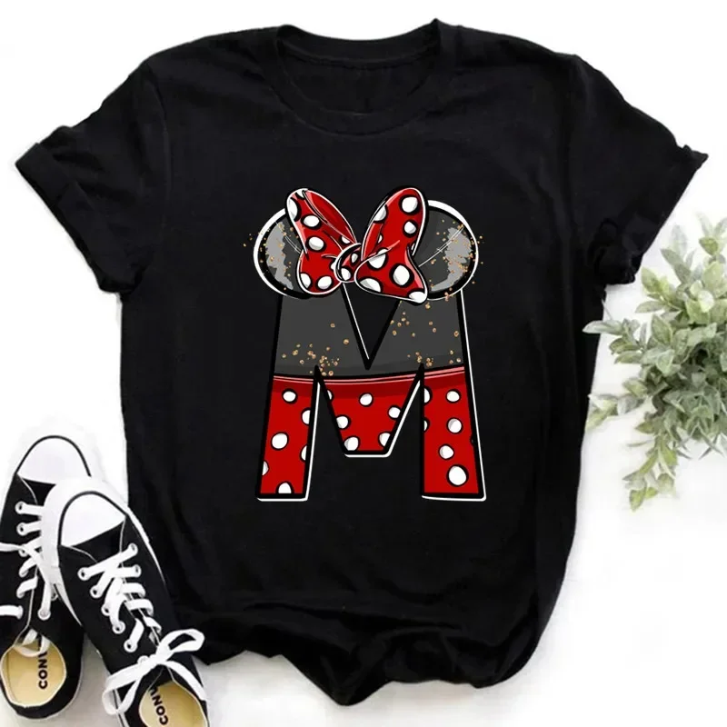 2024 Disney Kids Clothing Minnie Mouse Red Gold Grey Black Glitter Hand-drawn Letters A-Z Print Girls T-shirt Black Y2k Tops