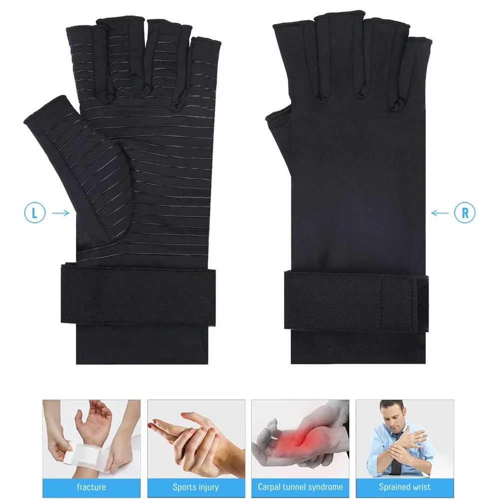 1 Pair Copper Arthritis Gloves with Adjustable Wrist Strap for Women &Men for Pain,Arthritis,Carpal Tunnel,RSI,Rheumatoid&Typing