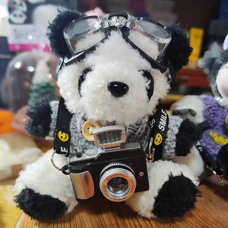 Wunian Original Kawaii Plush Doll Panda Keychain With Mini Camera Goggles Sweater Cute Cartoon Stuffed Doll Bag Charm Gift