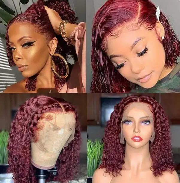 99J Red Colored Deep Curly Wig Human Hair 13x4 Burgundy Lace Front Human Hair Wigs For Women Short Bob Wigs 180% T Lace Wig