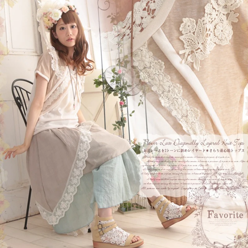 Japanese Mori Girl Sweet Tops Women Clothing Short Sleeve Patchwork Floral Lace Embroidery Female Kawaii T-shirt Tees A105