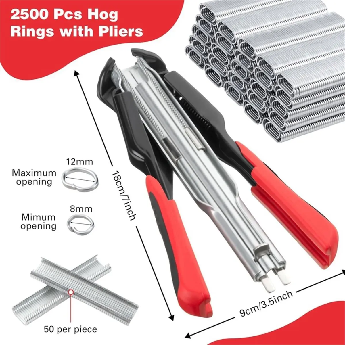 update. Hog Ring Pliers Kit, 2500 C Clips 3/4'' Hog Ring Nails, C-Type Cage Securing Clamps for Cages, Fencing, Upholstery. view 6