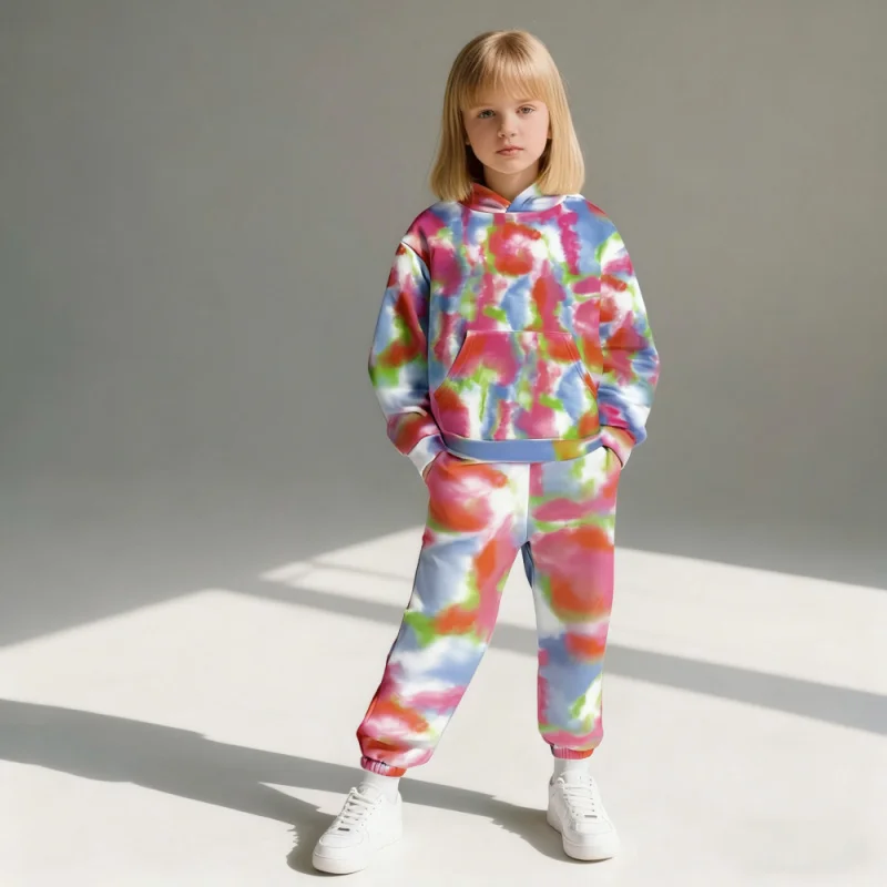 

Girls Fashion Casual Sports Tie-Dye Hooded Sweatshirt Loose Two-Piece Set 2026 Comfortable Streetwear Outfit for Teens