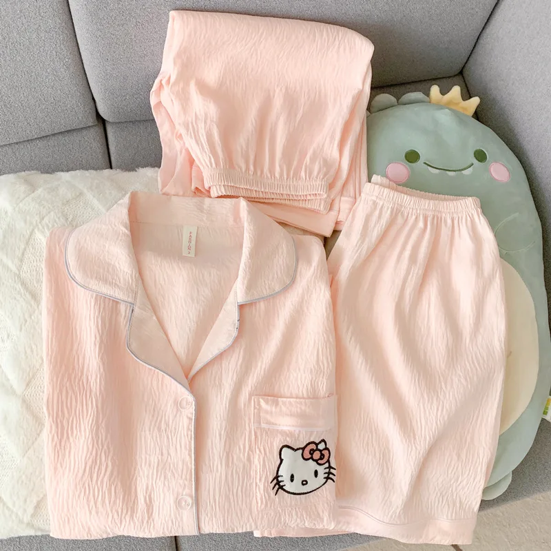 

Женский летний комплект из хлопковой марли с короткими рукавами Hello Kitty, три предмета, милый домашний костюм для девочек на весну и осень