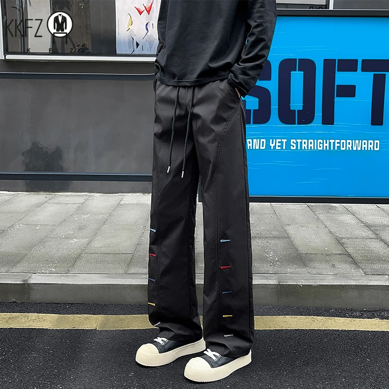 Relaxed Mens Straight Leg Pants Elastic Waist Drawstring Closure Side Colorful Stitch Accent Casual Bottoms For Daily Outing