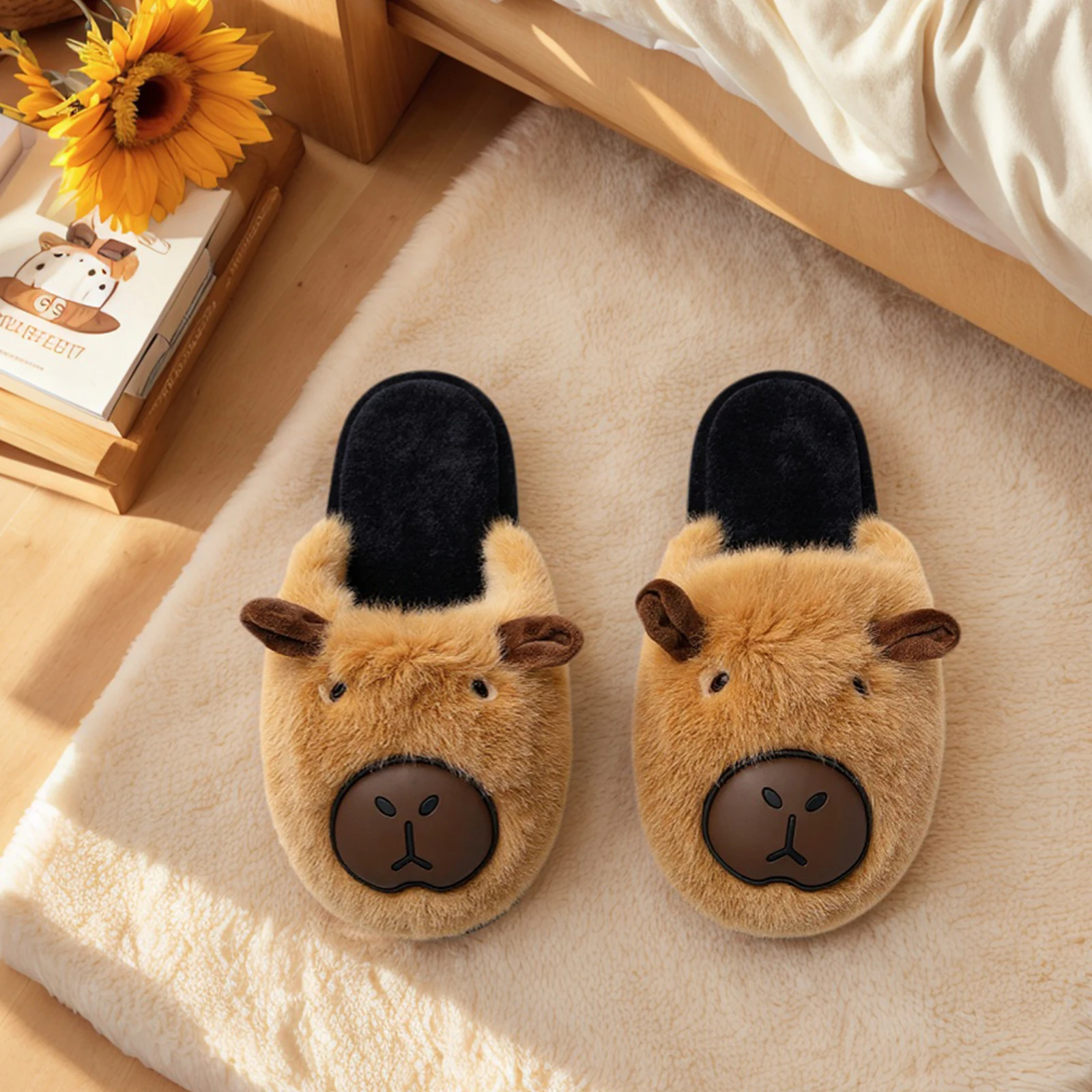 

Термотапочки на плоской подошве с капибарой, противоскользящие пушистые домашние тапочки, теплая домашняя обувь без шнуровки, подарок для друзей