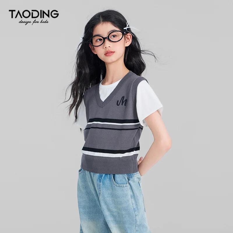 

Baby Girl Top Girls Summer New Medium Sized Children Letter Embroidery Fake Two Waist Compression Hem Design Sense Vest