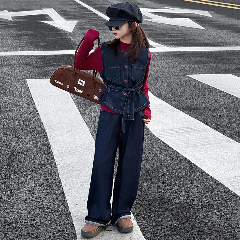 المراهقات الفتيات كاوبوي الملابس مجموعة الربيع تصميم سترة جينز حزام تي شيرت واسعة الساق الجينز 3 قطعة الاطفال السراويل دعوى ملابس أطفال #1