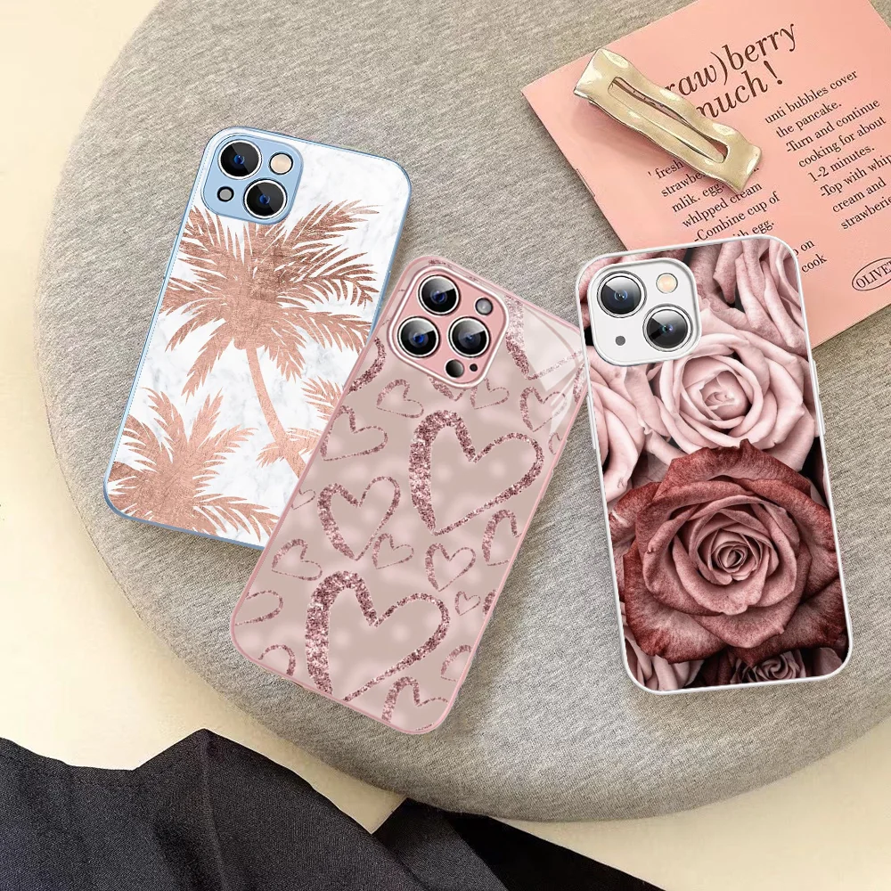 Beautiful gold Rose Cushion Cover For iPhone 14 13 12 Mini 11 Pro XS Max X XR 14 Plus Tempered Glass Cover